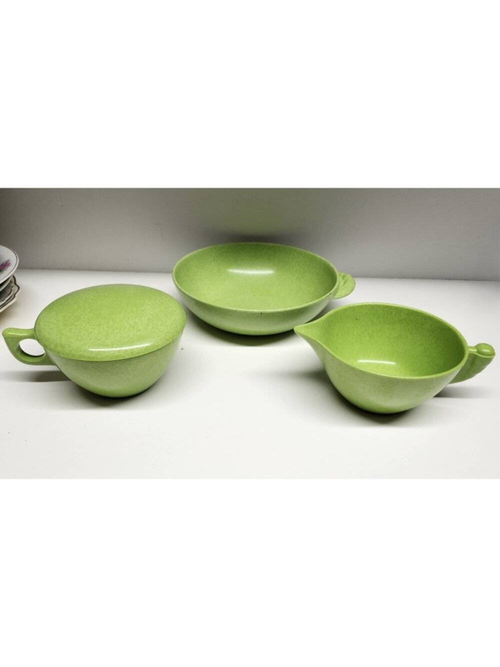 MCM Melmac Color Flyte by Branchell Lime Green Creamer Sugar Lid Bowl Vintage